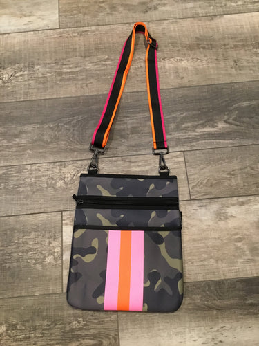 Green Camo neoprene crossbody with Orange & Pink stripes 🧡💗