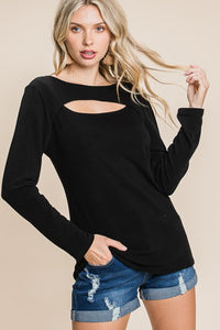 Plus Solid Cut Out Long Sleeve Top - Denim Blue