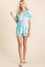 TIE DYE TEXTURED KNIT TOP WITH GATHERED SHORT SLEEVES - PASTEL BLUE or PASTEL GREEN.