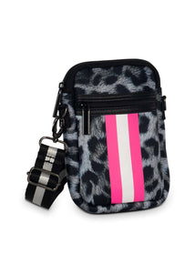 GREY/BLACK/PINK LEOPARD ZIPPER NEOPRENE PHONE HOLDER W/1.25" STRAP