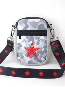 GREY CAMO WITH RED STAR MULTI ZIPPER NEOPRENE PHONE HOLDER W/1.25" STAR STRAP