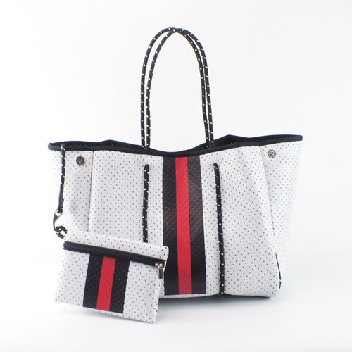 White Neoprene Tote with Red & Black Stripe