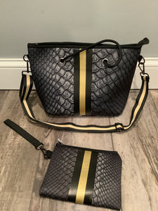 Charcoal Crocodile with Gold & Black Stripe Mini cross shoulder neoprene bag