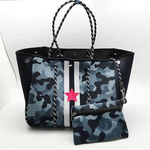 Grey Camo Star with Black & White Stripe Neoprene Tote