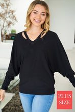 Plus long sleeve solid knit top with a v-neck featuring a cut out detail and a dolman sleeve - Black, Fuchsia or Royal Blue