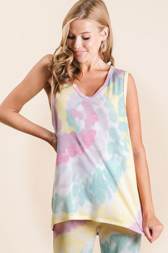 SLEEVELESS TIE DYE FRENCH TERRY KNIT TOP - MULTI