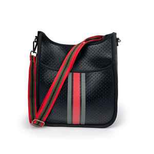 Black Metallic Neoprene Messenger Bag with Red & Green Stripe