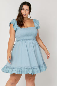 PLUS SOLID SMOCKED RUFFLE MINI DRESS - DUSTY BLUE