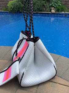 White with Pink & Orange Stripe Neoprene Tote 🧡💗🧡