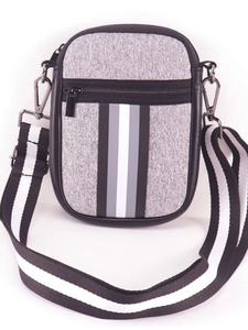 GREY WITH WHITE, GREY, BLACK STRIPE MULTI ZIPPER NEOPRENE PHONE HOLDER W/1.25" STRIPE STRAP