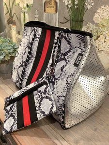 Snake Skin Neoprene Tote with Red & Black Stripe & Silver Side Panels