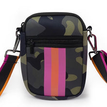 GREEN CAMO WITH NEON PINK & ORANGE STRIPE MULTI ZIPPER NEOPRENE PHONE HOLDER W/1.25" STRIPE STRAP