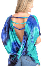 Tie-dye top featured in a round neckline and cuff short sleeve with twisted open back detail - Aqua Blue