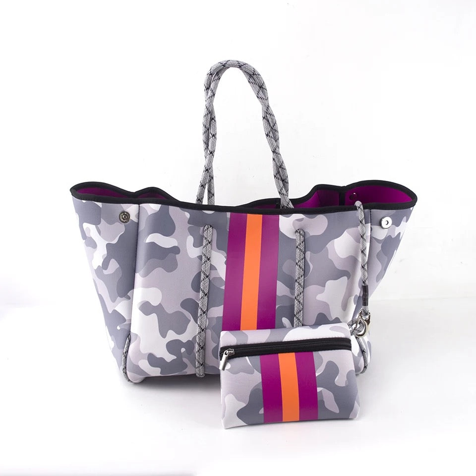 Grey Camo with Neon Orange/Lavender Stripe Neoprene Tote bag