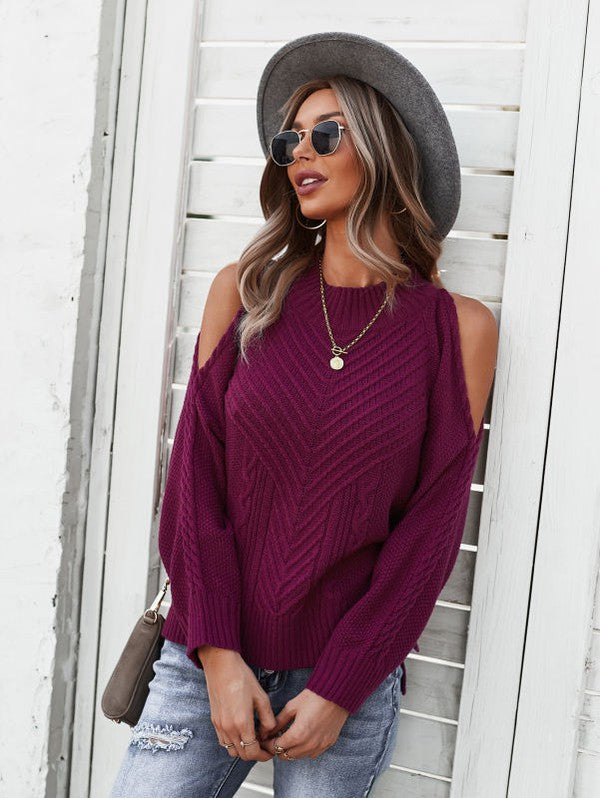 Cold Shoulder Knitted Sweater - Black or Wine