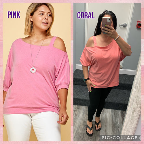 Plus Size Solid One Shoulder Strap Casual Top -Pink or Coral