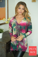 Plus Size long sleeve multi animal print knit top with a v-neck featuring a side slit and a high low hemline - Green/Pink