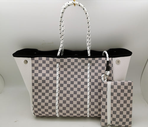 Checkerboard Print Neoprene Tote White Handle