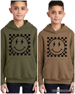 Retro Checkerboard Lightening Smiley Youth Fleece - Olive Or Woodland Brown