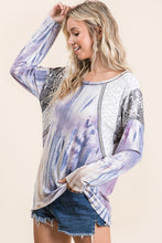 TIE DYE KNIT TOP WITH PRINT BLOCK SHOULDER AND JACQUARD TAPE - LAVENDER/BLUE