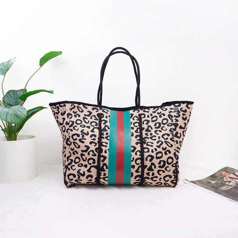 Leopard Neoprene Tote with Green Red Stripe