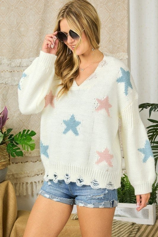 PLUS FRAY DETAIL STAR SWEATER TUNIC TOP - CREAM