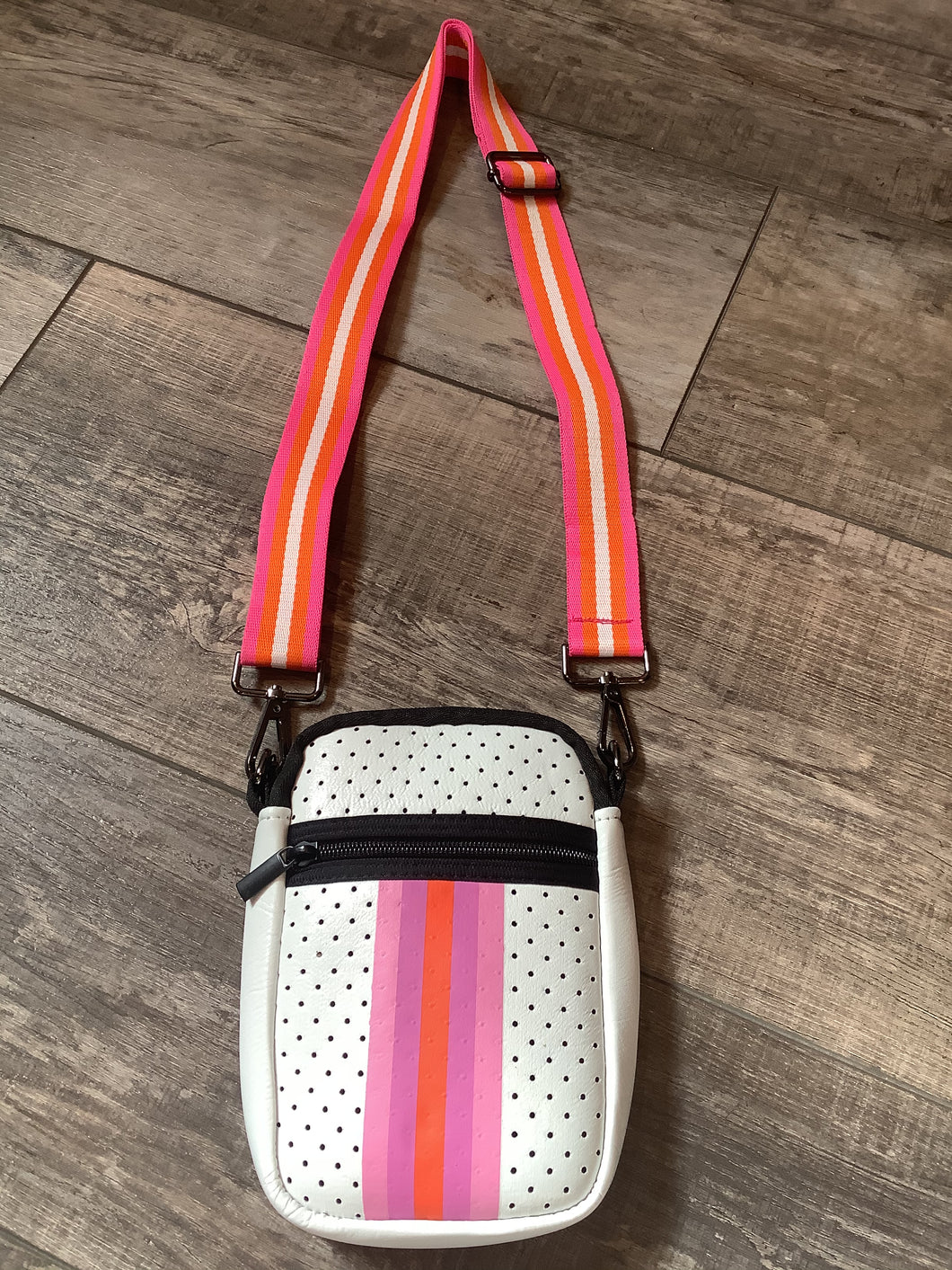 WHITE WITH LAVENDER, PINK & ORANGE MULTI ZIPPER NEOPRENE PHONE HOLDER