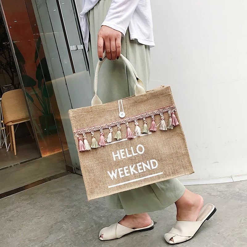 Hello Weekend Linen Tassel Lightweight Shoulder Bag