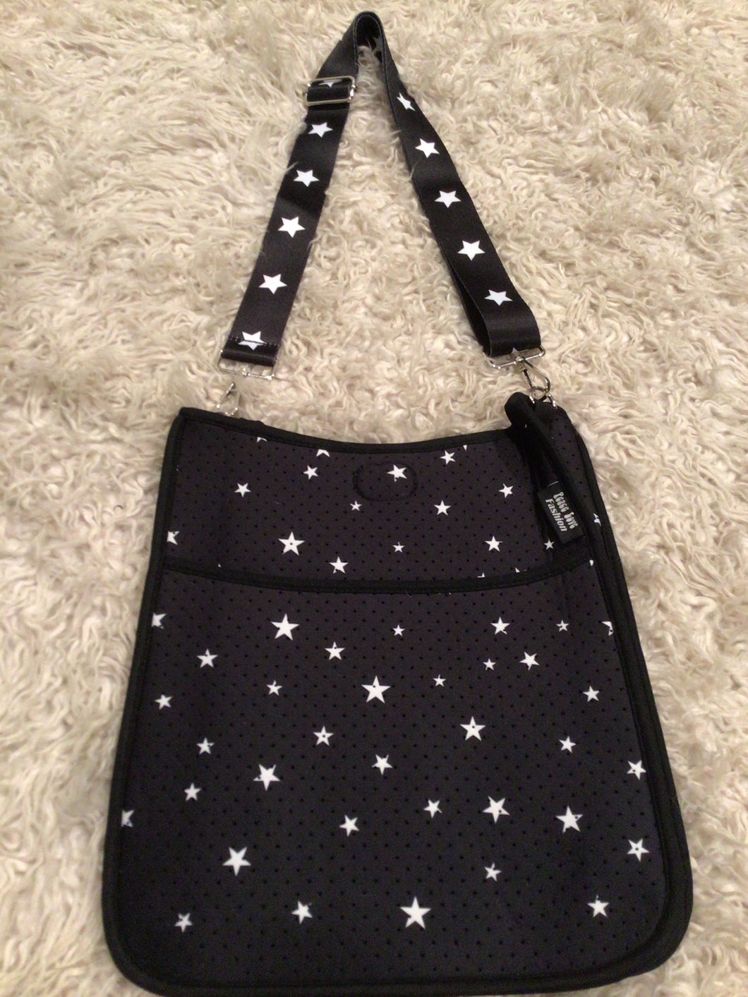 Black Mini Star Neoprene Messenger Bag with Black & White Star Strap