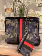 Olive Camouflage Red Stripe with black side panels Neoprene Tote