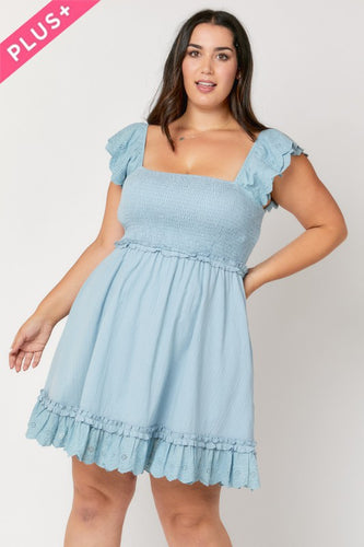 PLUS SOLID SMOCKED RUFFLE MINI DRESS - DUSTY BLUE