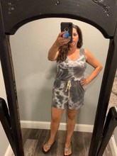 RAYON FRENCH TERRY TIE-DYE ROMPER WITH A V NECKLINE, OPEN BACK, SLEEVELESS, ELASTICIZED WAIST WITH DRAWSTRINGS, AND SLANTED POCKETS - CHARCOAL or OLIVE