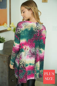 Plus Size long sleeve multi animal print knit top with a v-neck featuring a side slit and a high low hemline - Green/Pink