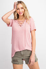 VISCOSE CASUAL TOP WITH EYELET LACE UP DETAIL - MAUVE