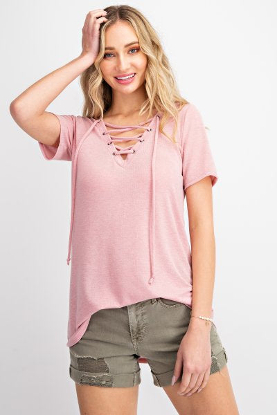 VISCOSE CASUAL TOP WITH EYELET LACE UP DETAIL - MAUVE