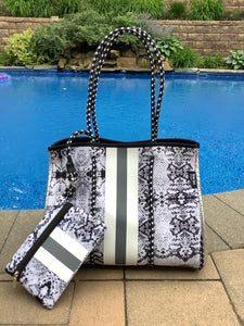 Snakeskin Neoprene Tote With Grey Stripe & Silver Side Panels