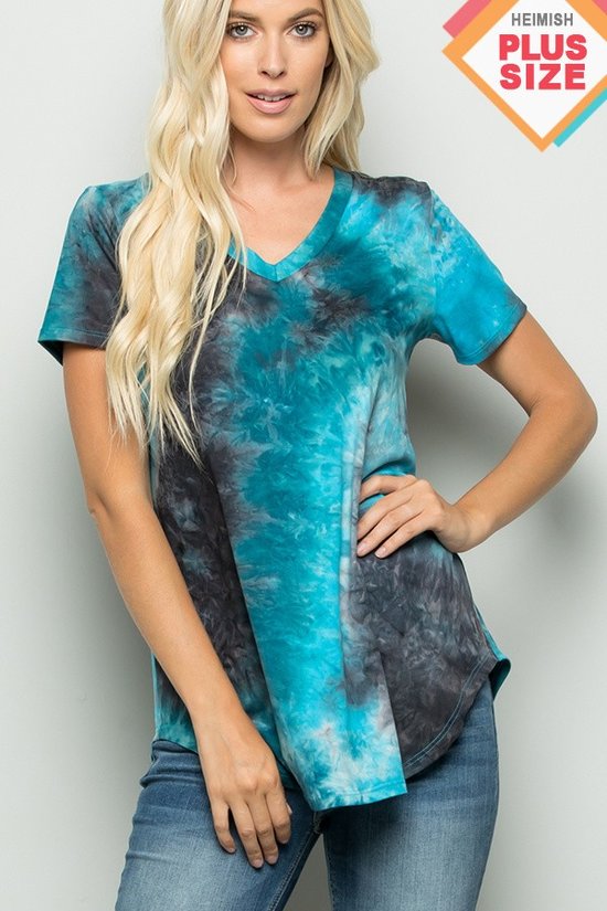 SHORT SLEEVE V NECK MULTI PRINT TIE DYE TOP PLUS SIZE - TEAL