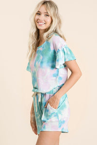 TIE DYE TEXTURED KNIT TOP WITH GATHERED SHORT SLEEVES - PASTEL BLUE or PASTEL GREEN.