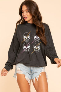 Skull with thunder printed top -  Black, Charcoal or Heather Grey