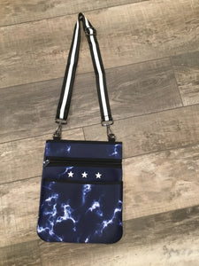 Blue and white tie-dye neoprene crossbody with white stars