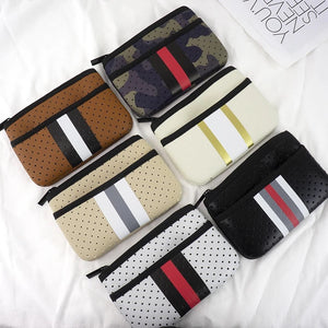 Tan with Grey Stripe Mini Neoprene Card, Wallet, Bag Key Purse with Zipper Closure