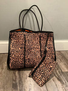 Leopard with Black Metallic Side Panels Neoprene Tote