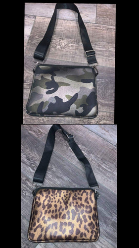 Small Neoprene Crossbody with Strap - Camoflauge or Leopard Metallic