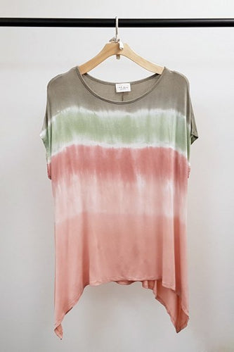 TIE DYE ASYMMETRICAL CASUAL TEE - SAGE/SALMON