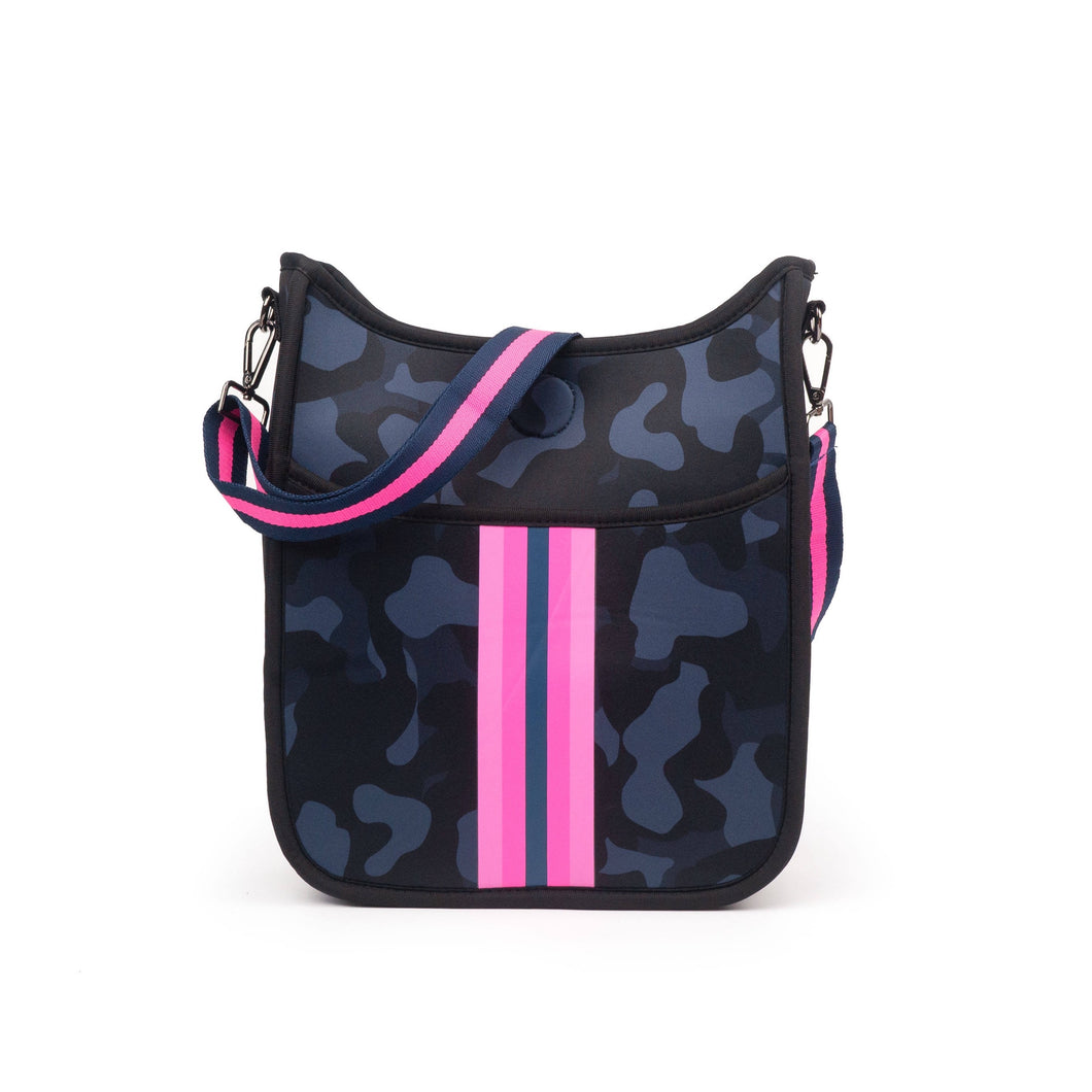 Black Camo Neoprene Messenger Bag with Pink Stripe