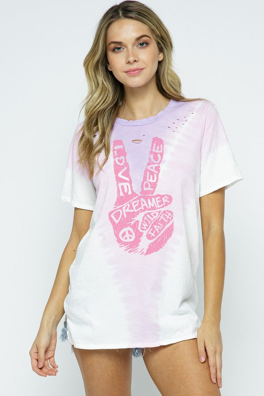 TIE DYE LOVE & PEACE DISTRESSED CUT TOP - WHITE /PURPLE