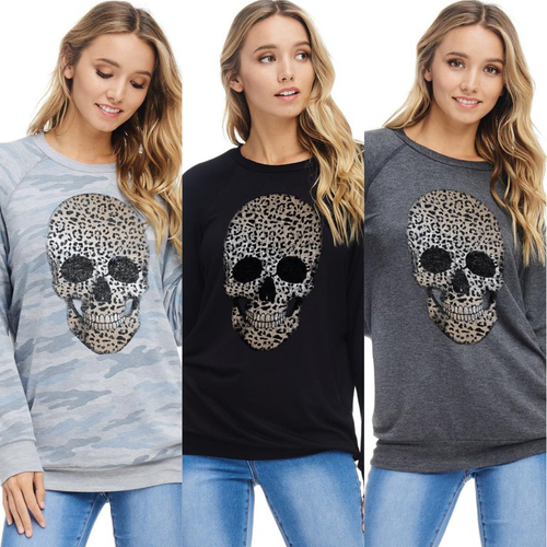 LEOPARD SKULL TOP - Blue Camo, Black or Charcoal