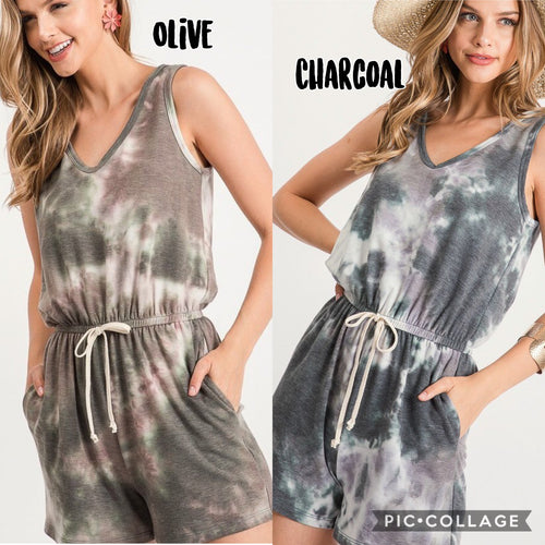 RAYON FRENCH TERRY TIE-DYE ROMPER WITH A V NECKLINE, OPEN BACK, SLEEVELESS, ELASTICIZED WAIST WITH DRAWSTRINGS, AND SLANTED POCKETS - CHARCOAL or OLIVE