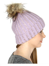 Knit beanie with studs and faux fur pom - Lavender