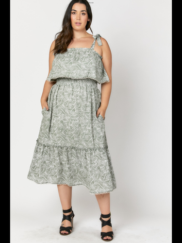 PRINTED SMOCKED RUFFLE MIDI DRESS - LIGHT OLIVE